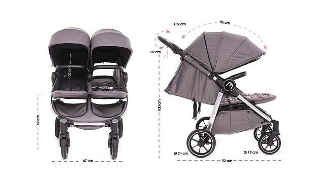 עגלת תאומים צרה בייבי מונסטרס Easy Twin 4 עם מדרך רגלים מכוונן (בד בסיס אפור) Baby Monsters