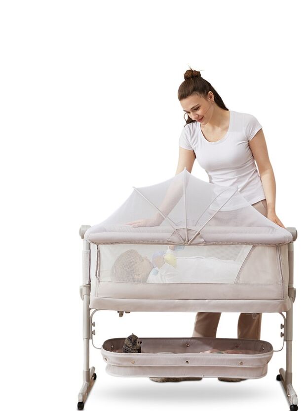 עריסת תינוק מתקפלת שהופכת ללול משי פלוס עם מצבי גובה, דופן נפתחת ומזרון נושם - שנהב (בז) Queenix
